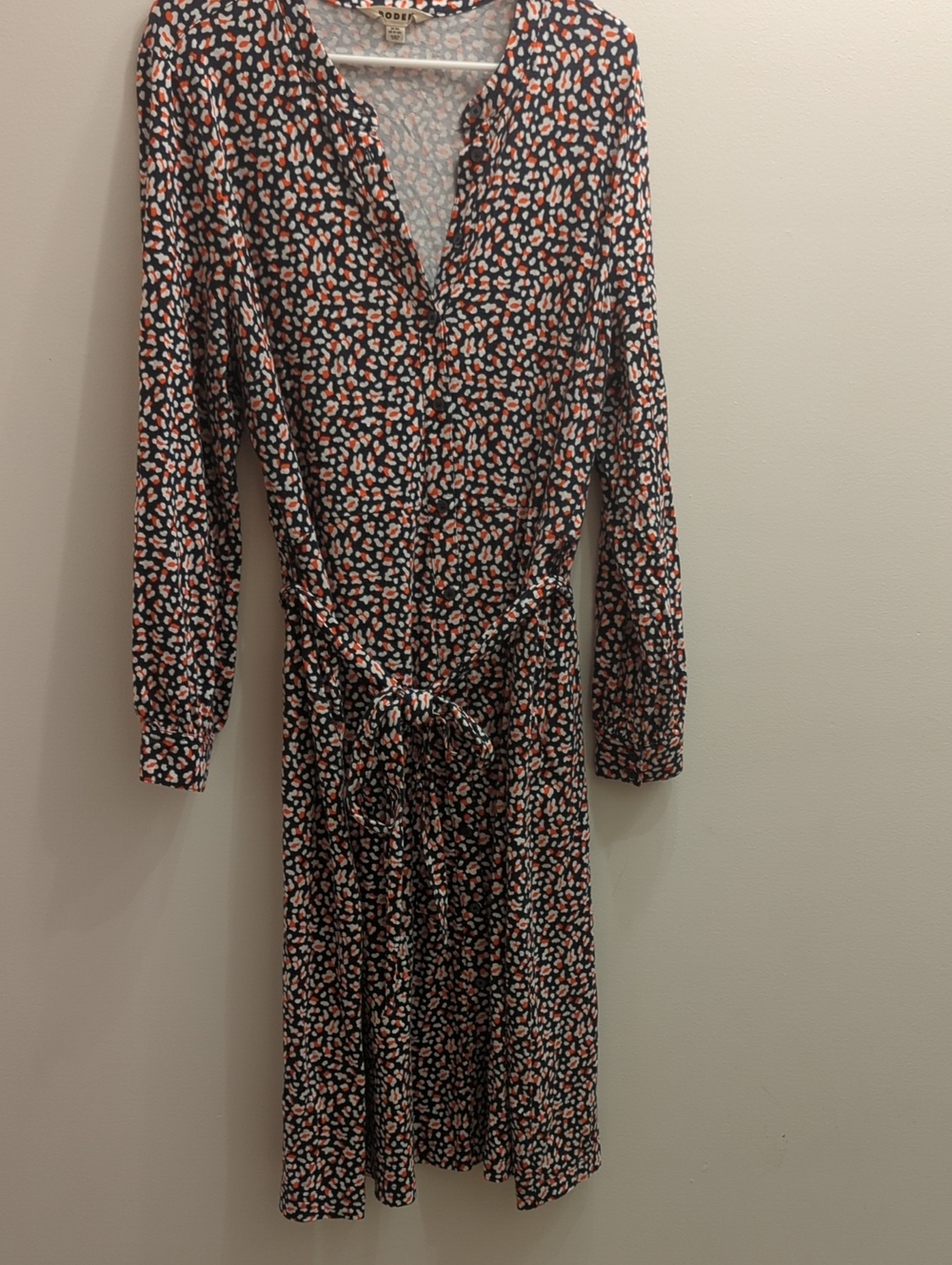 Boden Navy Leopard Print Tie-Waist Long-Sleeve Dress (Women's US 20-22L)
